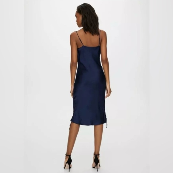 Wilfred Only Aritzia Ruched Navy Blue Slip Satin Dress Sz. SMALL - Picture 4 of 13